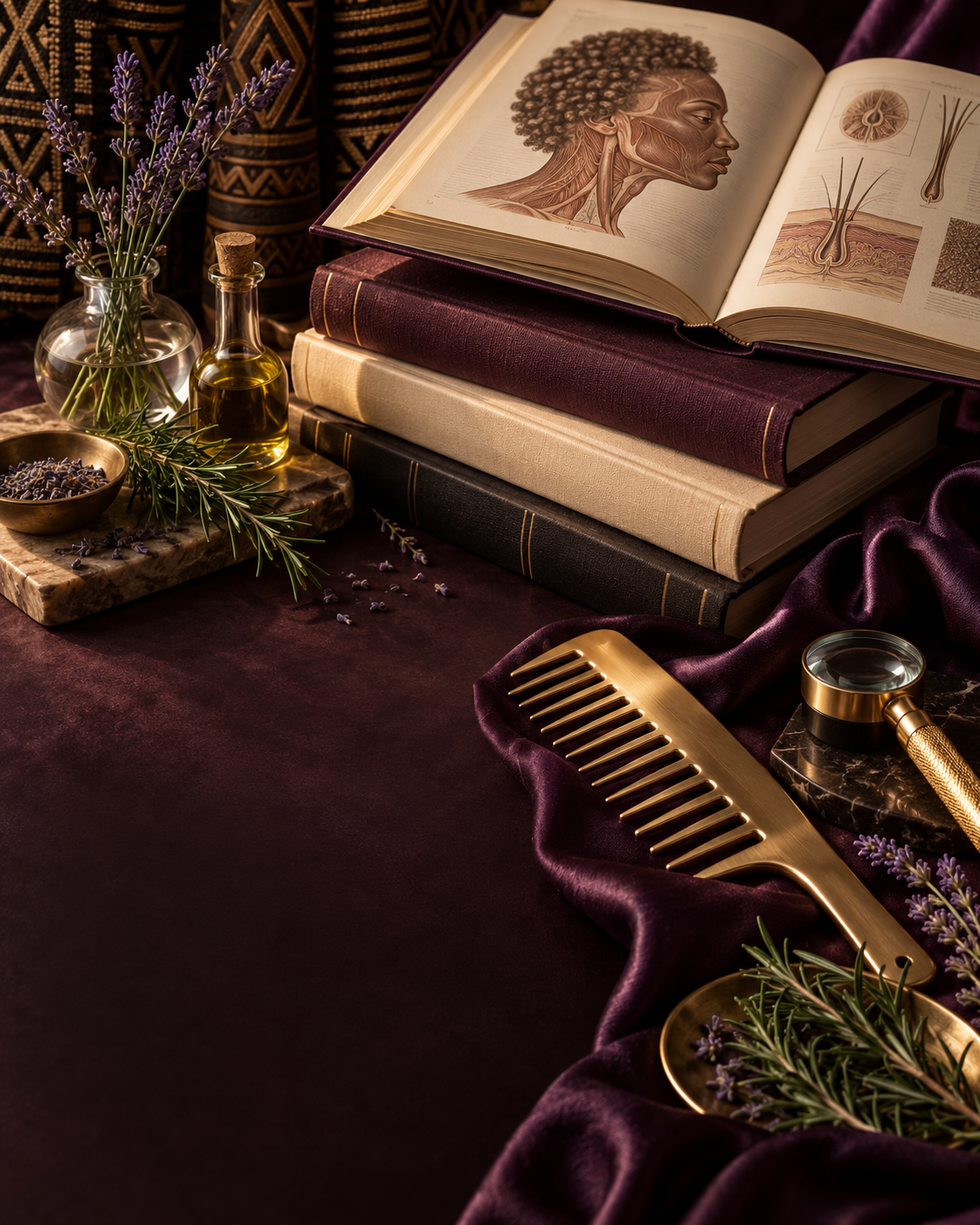 Beauty education books, botanicals, professional tools, and rich purple fabric arranged in a refined studio still life
